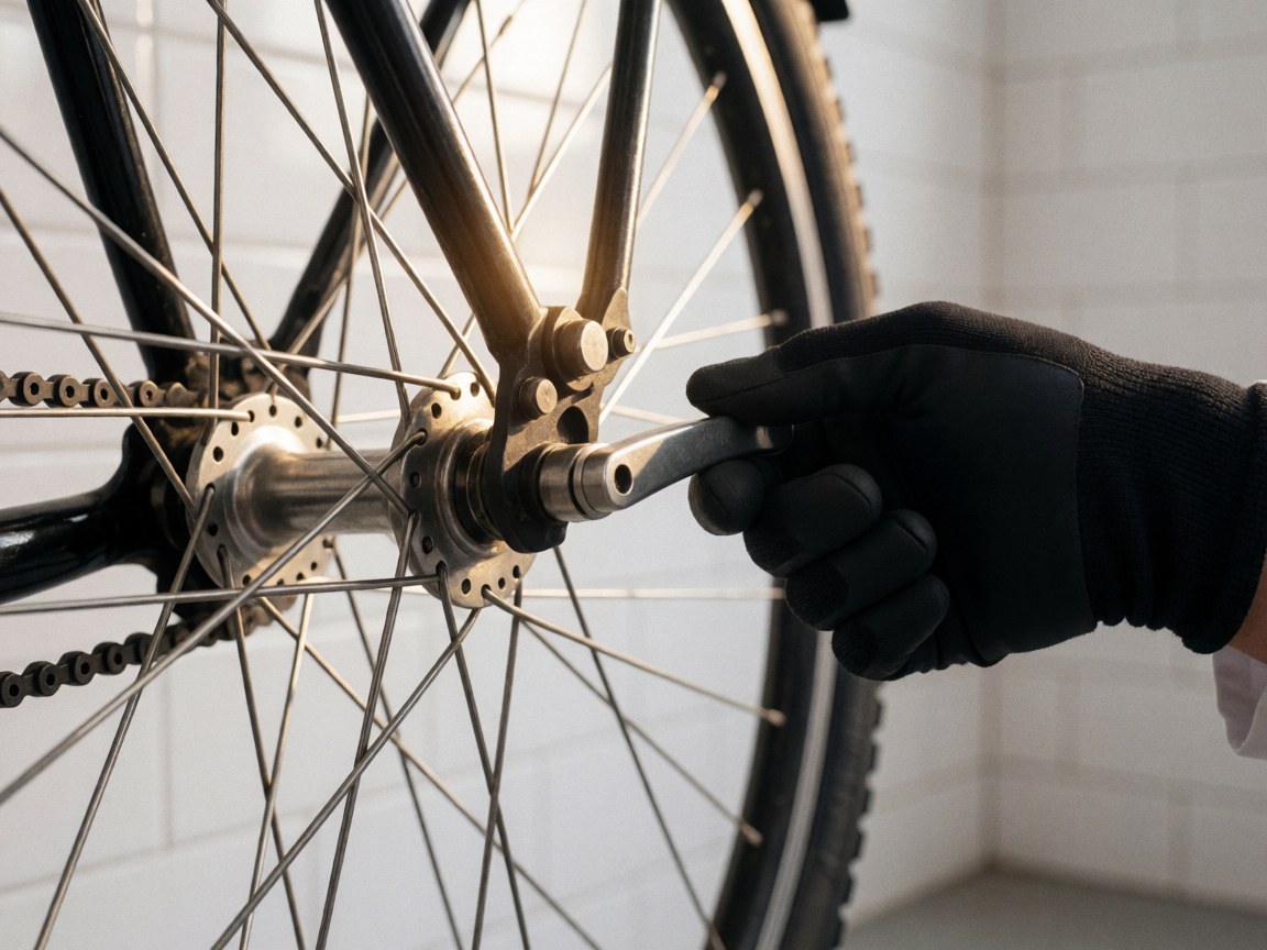 Close-up of a black gloved hand using a tool to adjust the quick release lever on a shiny bicycle wheel rim against a white tiled wall background.