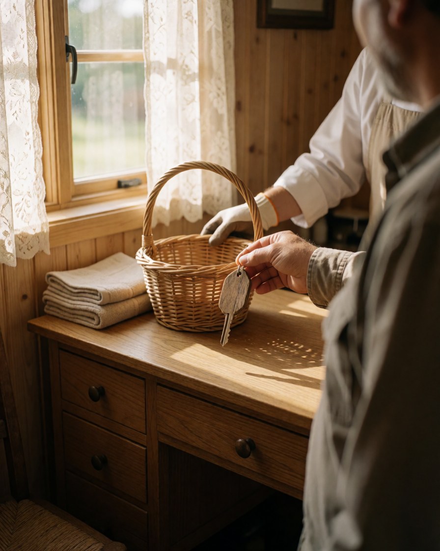 A hand receiving keys at a rural reception desk with a welcome basket and towels near a window with lace curtains