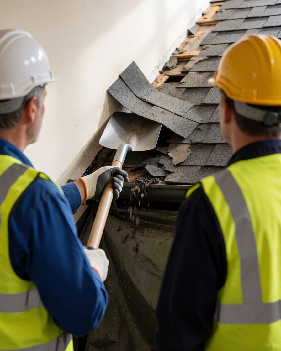 A construction worker uses a shovel to place shingles on a damaged roof while another worker observes nearby.