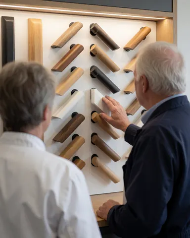 A customer examines handrail samples in a modern staircase showroom with professional lighting and contemporary furniture.