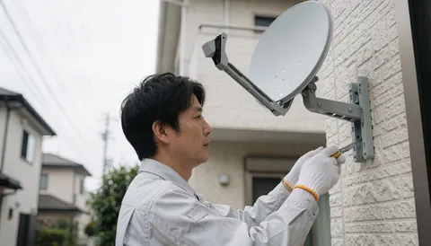 Antenna installer mounting a satellite dish on an exterior brick wall using tools and wearing protective gloves during a residential service call.