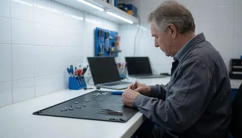 Senior technician repairing mobile phone in workshop with tools and anti-static mat, professional lighting and white tiled walls