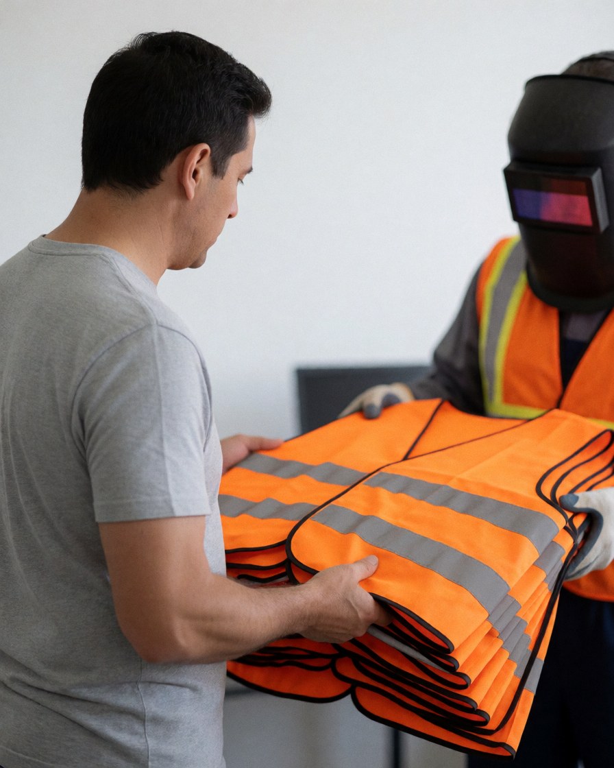 A customer examines orange reflective safety vests in a workshop setting, with a worker wearing a welding helmet standing nearby.