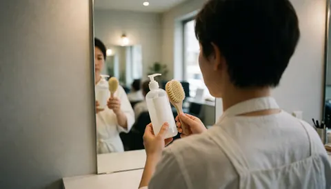 Back view of a professional eyelash extension technician holding a hygiene kit in front of a mirror in a salon with light gray walls