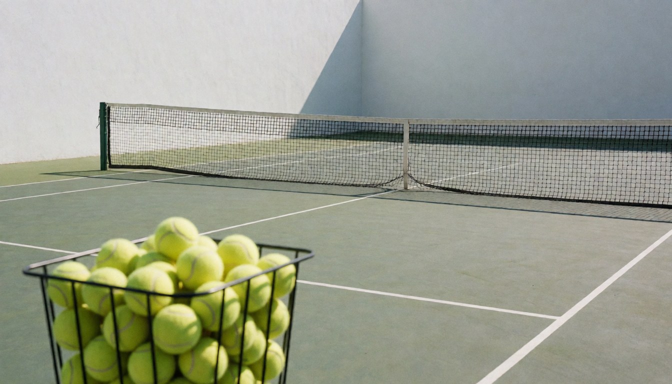 Tennis court featuring a basket of yellow balls, net, and white walls, suitable for tennis instructor business websites