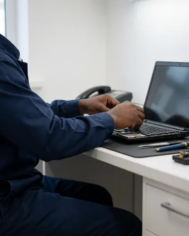 Technician in uniform repairing laptop with tools on white table in clean workshop