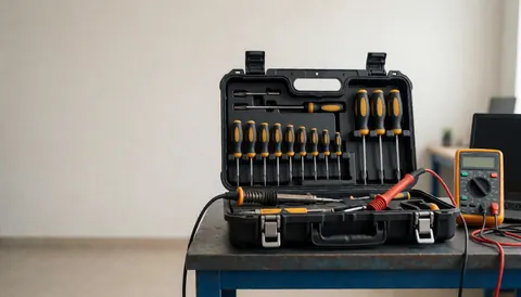 Open toolbox containing a soldering iron and multimeter on a work surface for television repair technicians