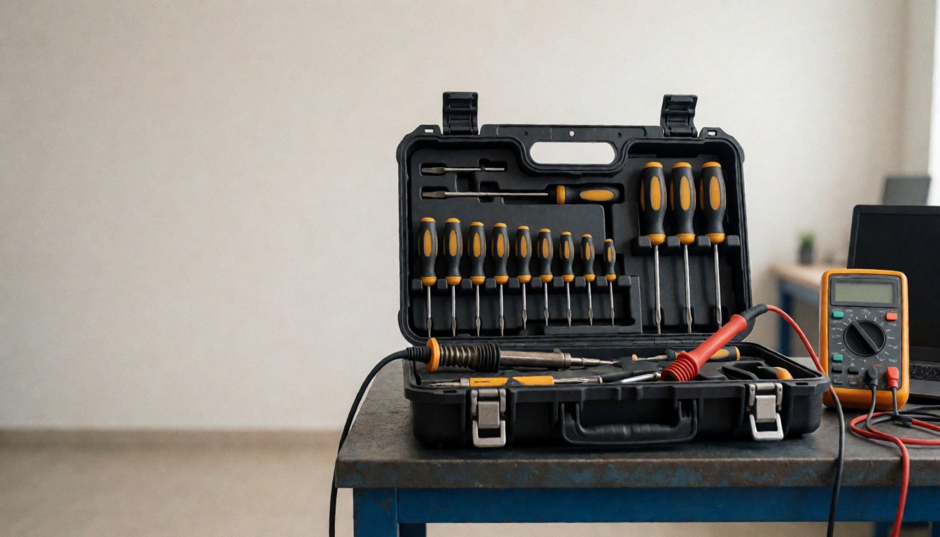 Open toolbox containing a soldering iron and multimeter on a work surface for television repair technicians