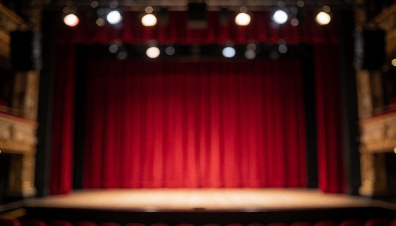 Empty stage with red curtains and soft bokeh lighting, ideal background for promotional text and event announcements
