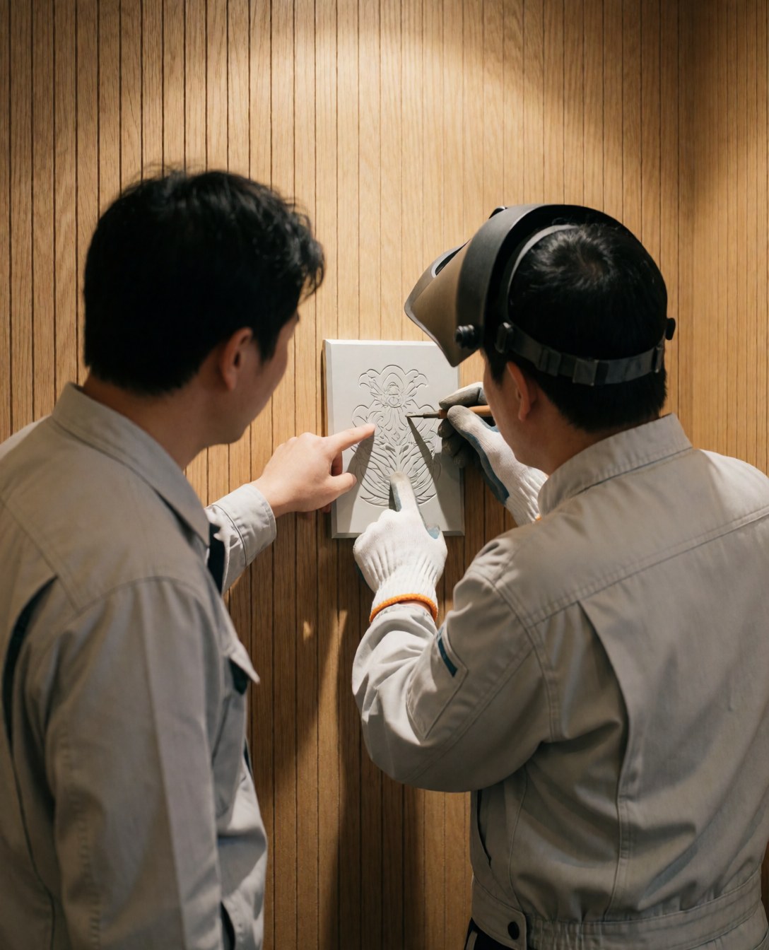 Wood carver reviewing a carved plaque with a client in a professional workshop setting