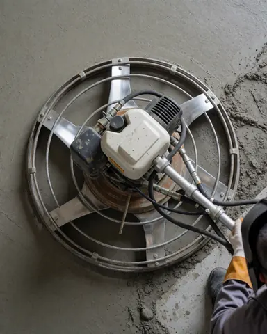Concrete leveling machine in use, viewed from above, with worker using protective gloves and hydraulic tools on freshly placed concrete surface.