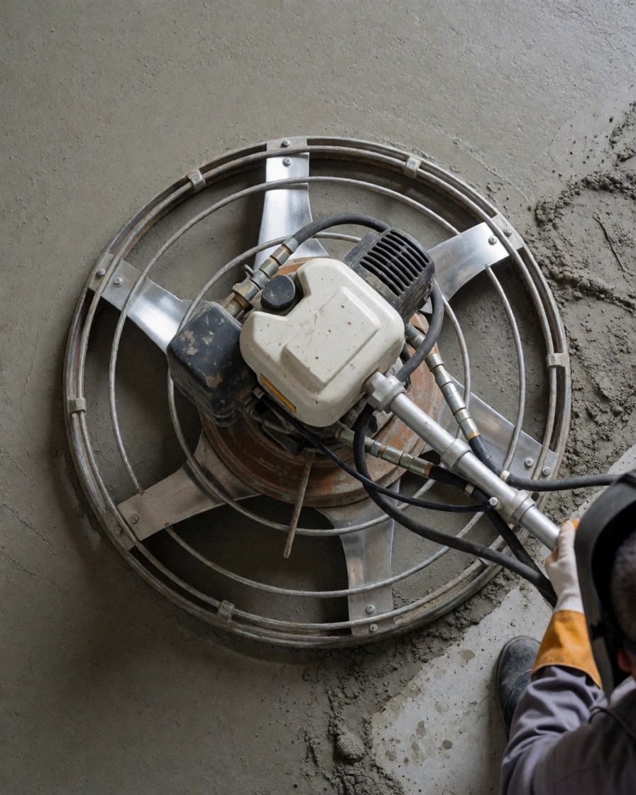 Concrete leveling machine in use, viewed from above, with worker using protective gloves and hydraulic tools on freshly placed concrete surface.
