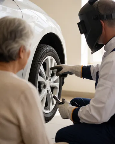 Senior technician wearing a welding helmet displays a car wheel to a client in a well-lit repair shop.