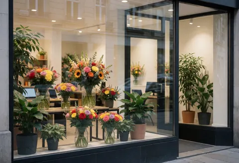 A modern florist shop window displaying colorful flower arrangements and potted plants with warm lighting and street reflections.