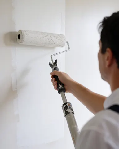 Painter using a roller to apply white matte paint on a repaired wall, viewed from behind, ideal for wall repair services