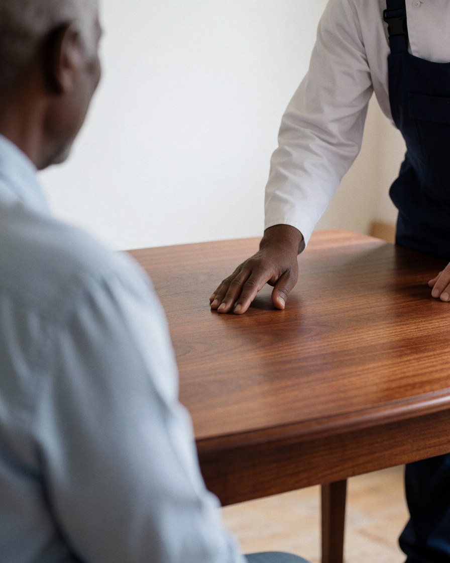 Close-up of a hand touching the smooth surface of a polished wooden table in a carpentry workshop with white walls and a worker standing nearby