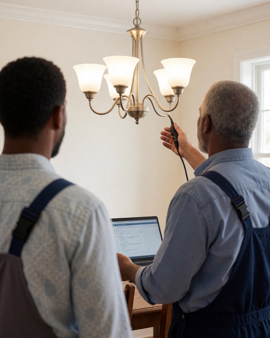 Electrician installing a light fixture in a dining room with cream walls, showing the completed work to a client.