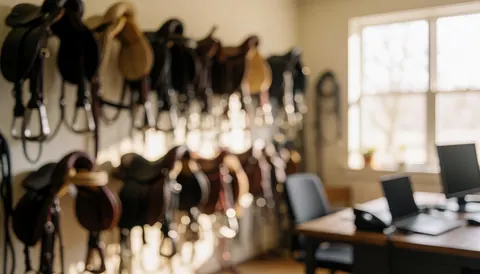 Horse saddles hanging on a wall in an equestrian center office with a computer and laptop on a desk near a window