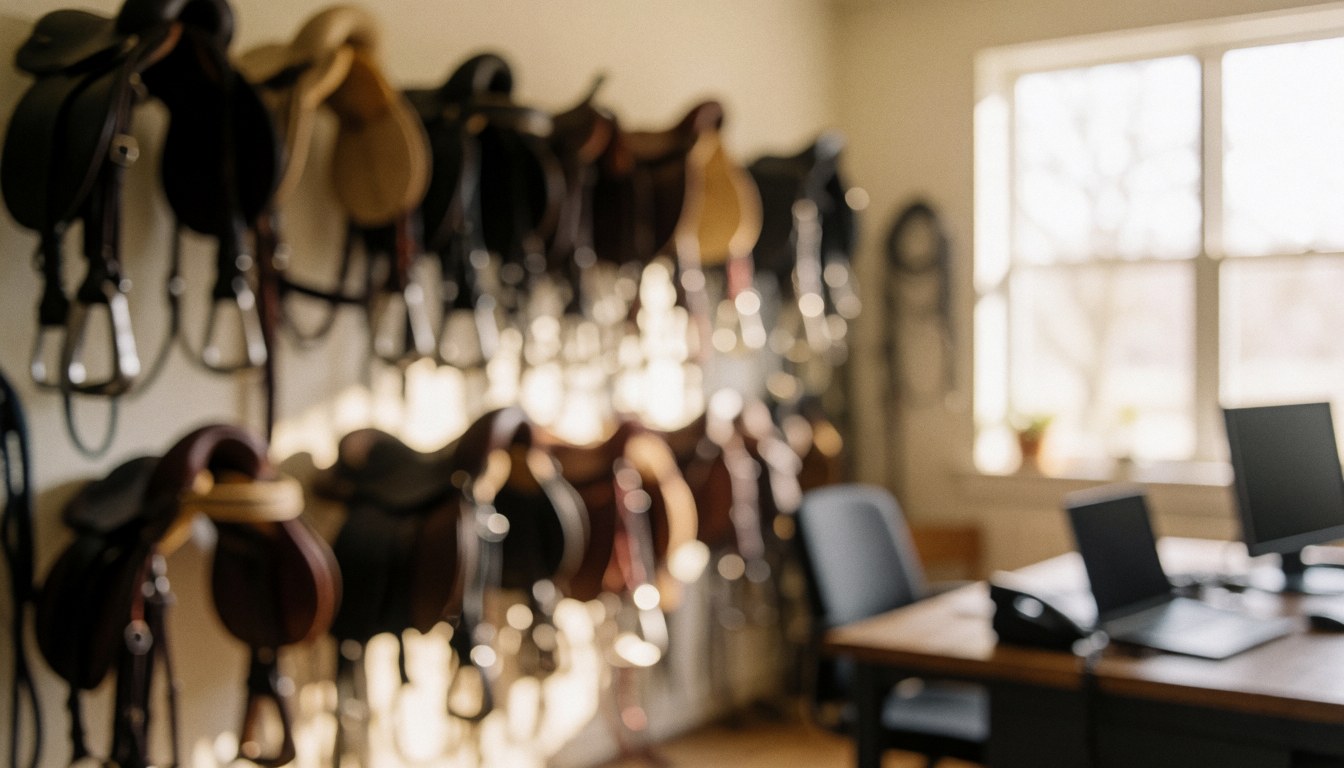 Horse saddles hanging on a wall in an equestrian center office with a computer and laptop on a desk near a window