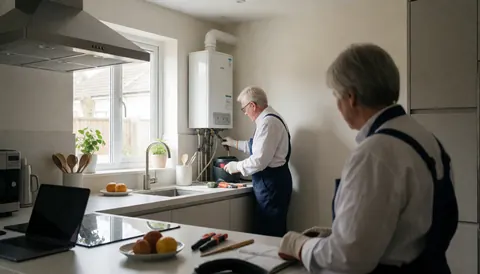 A technician installing a gas boiler in a modern kitchen with tools and natural light from a window