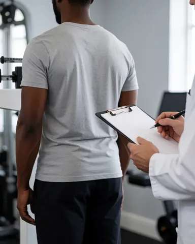CrossFit coach taking notes on clipboard while evaluating a client from behind in a gym with visible equipment and light gray walls