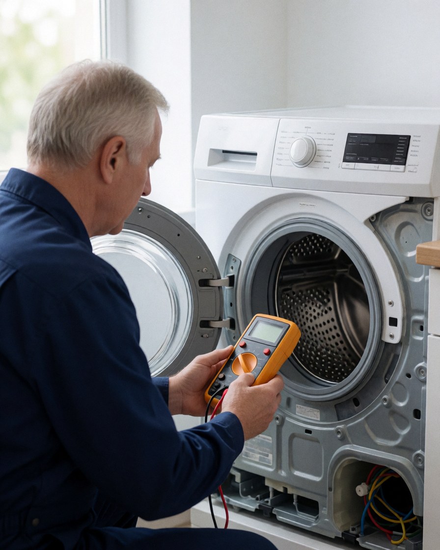 Technician in blue uniform checks white washing machine with multimeter and visible electrical cables in a well-lit workshop.
