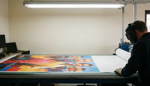 A professional cuts a large colorful vinyl sheet on a cutting table in a print shop with industrial lighting.