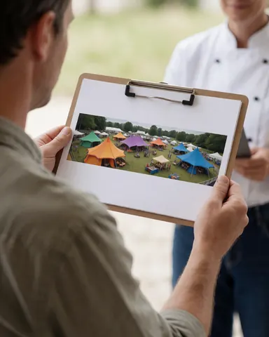 An event organizer reviews a panoramic festival test alongside a chef, with colorful tents visible in the background.