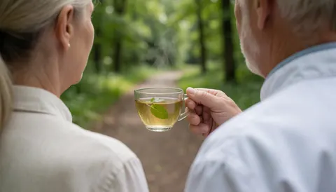 A steaming cup of mint tea placed on a forest path surrounded by lush green vegetation.