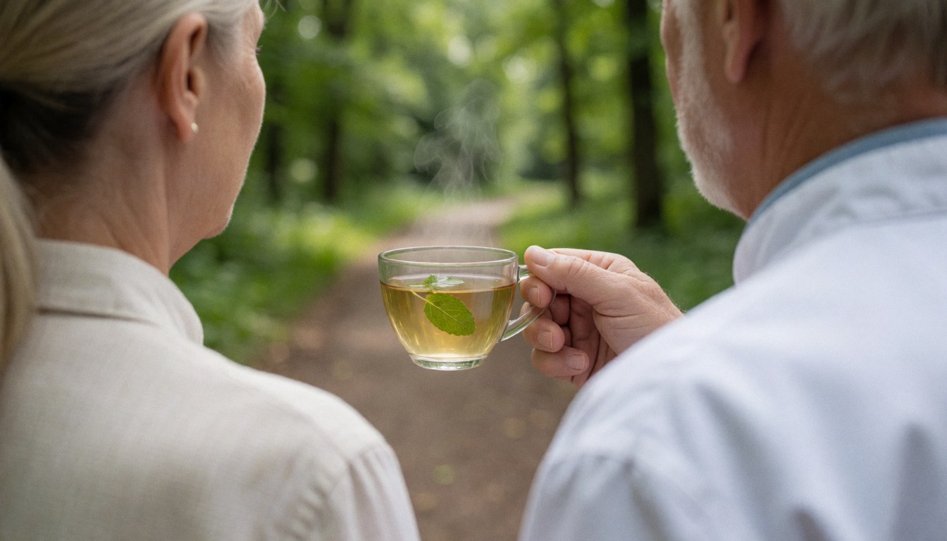 A steaming cup of mint tea placed on a forest path surrounded by lush green vegetation.