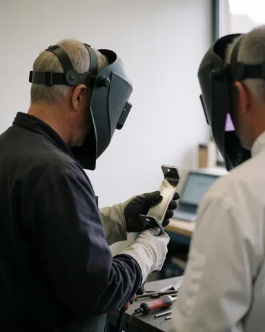 A client inspects a metal bracket while a welder works nearby in a workshop setting with visible safety gear and tools.
