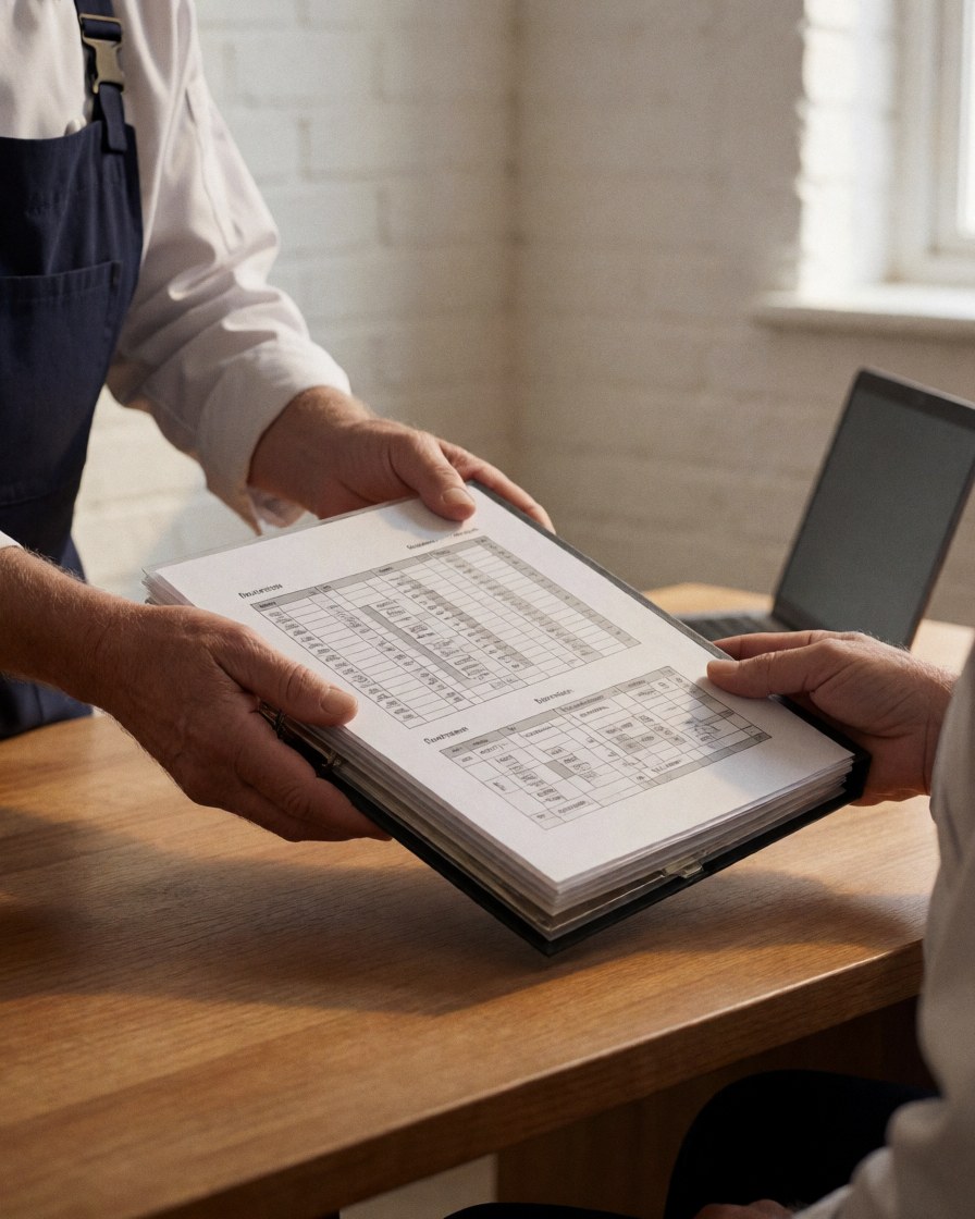 Athletics coach hands a training plan with periodization graphs to a client at a wooden table with a white brick wall background.