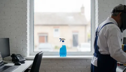 Blue cleaning solution bottle resting on a white window sill with natural light and white brick walls visible in the background.