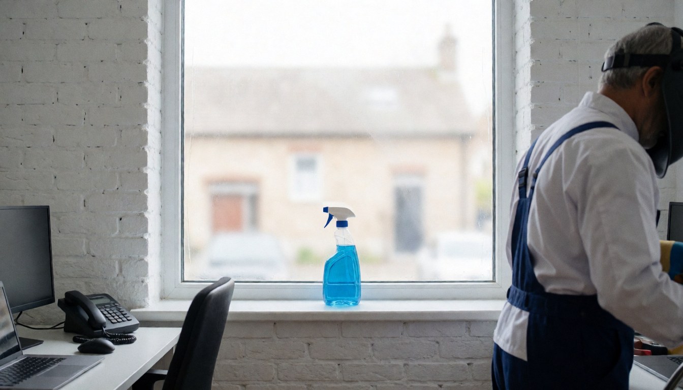 Blue cleaning solution bottle resting on a white window sill with natural light and white brick walls visible in the background.