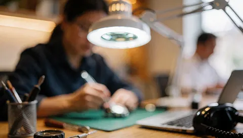 Close-up of a magnifying glass resting on a watch being repaired on a wooden workbench with tools in the background