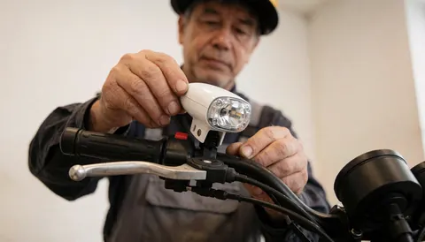 A mechanic installs a white front light on a bicycle handlebar in a workshop with white walls during a bike repair service