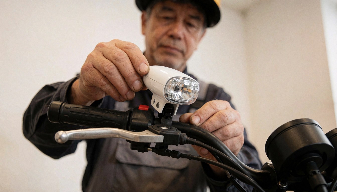 A mechanic installs a white front light on a bicycle handlebar in a workshop with white walls during a bike repair service