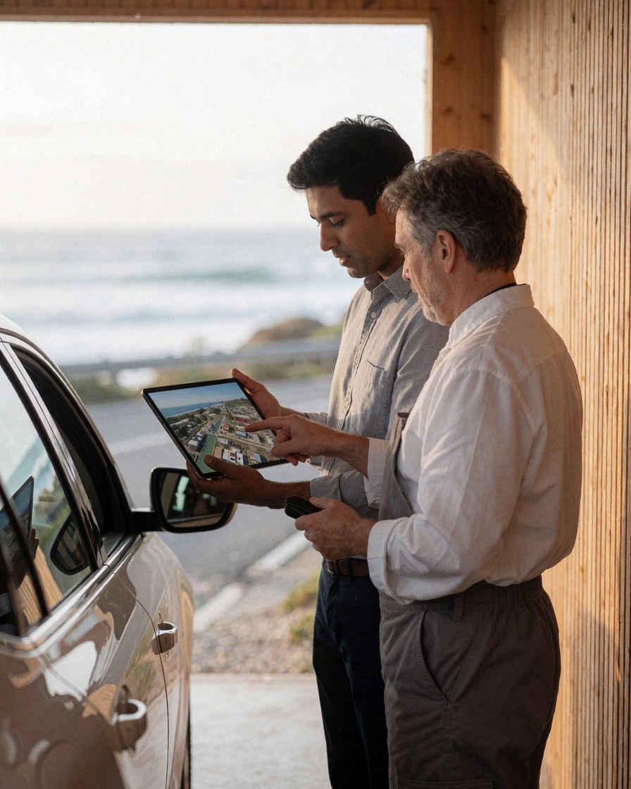 Two professionals review aerial footage on a tablet beside a parked car with an ocean view and wooden walls.