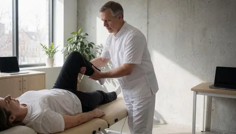 Therapist performing leg stretch on client in modern clinic with concrete walls and natural light