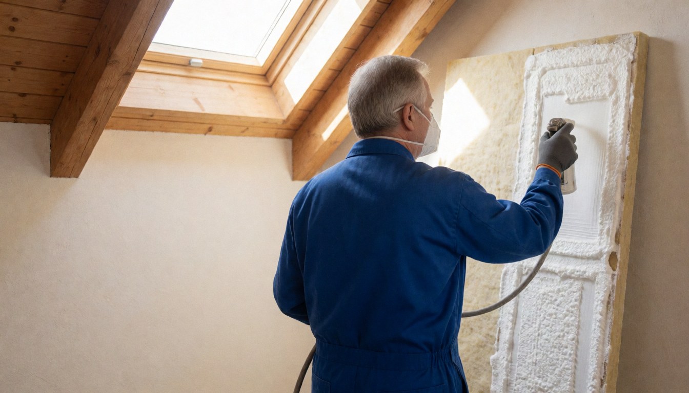 Worker wearing a mask applies thermal foam insulation onto a roof surface near a skylight and white walls