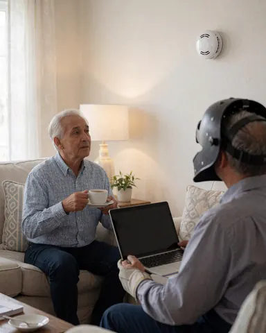 A technician wearing a hard hat tests a smoke detector in a living room while a client watches nearby.