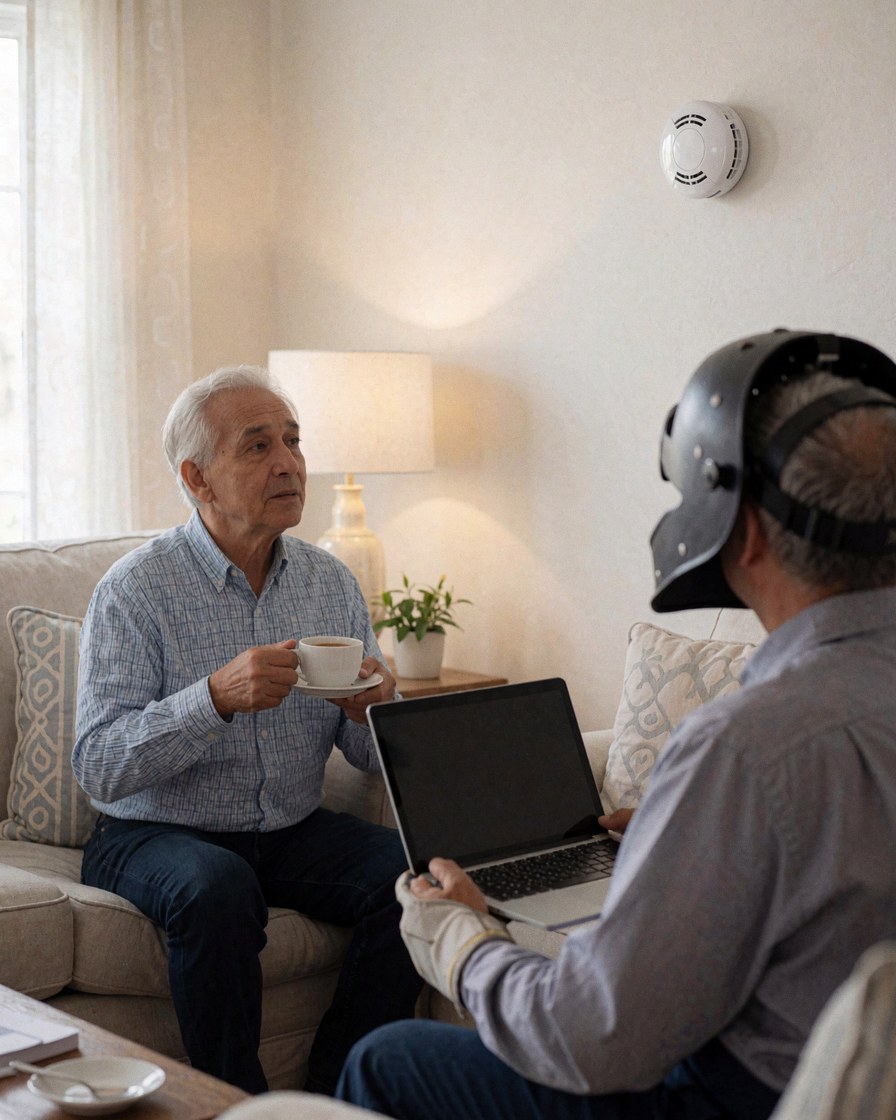 A technician wearing a hard hat tests a smoke detector in a living room while a client watches nearby.