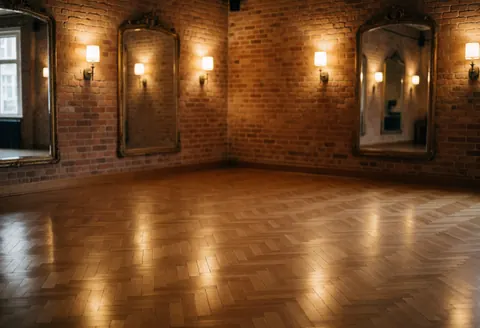 Empty tango studio featuring parquet flooring, brick walls, and vintage mirrors illuminated by warm lighting.