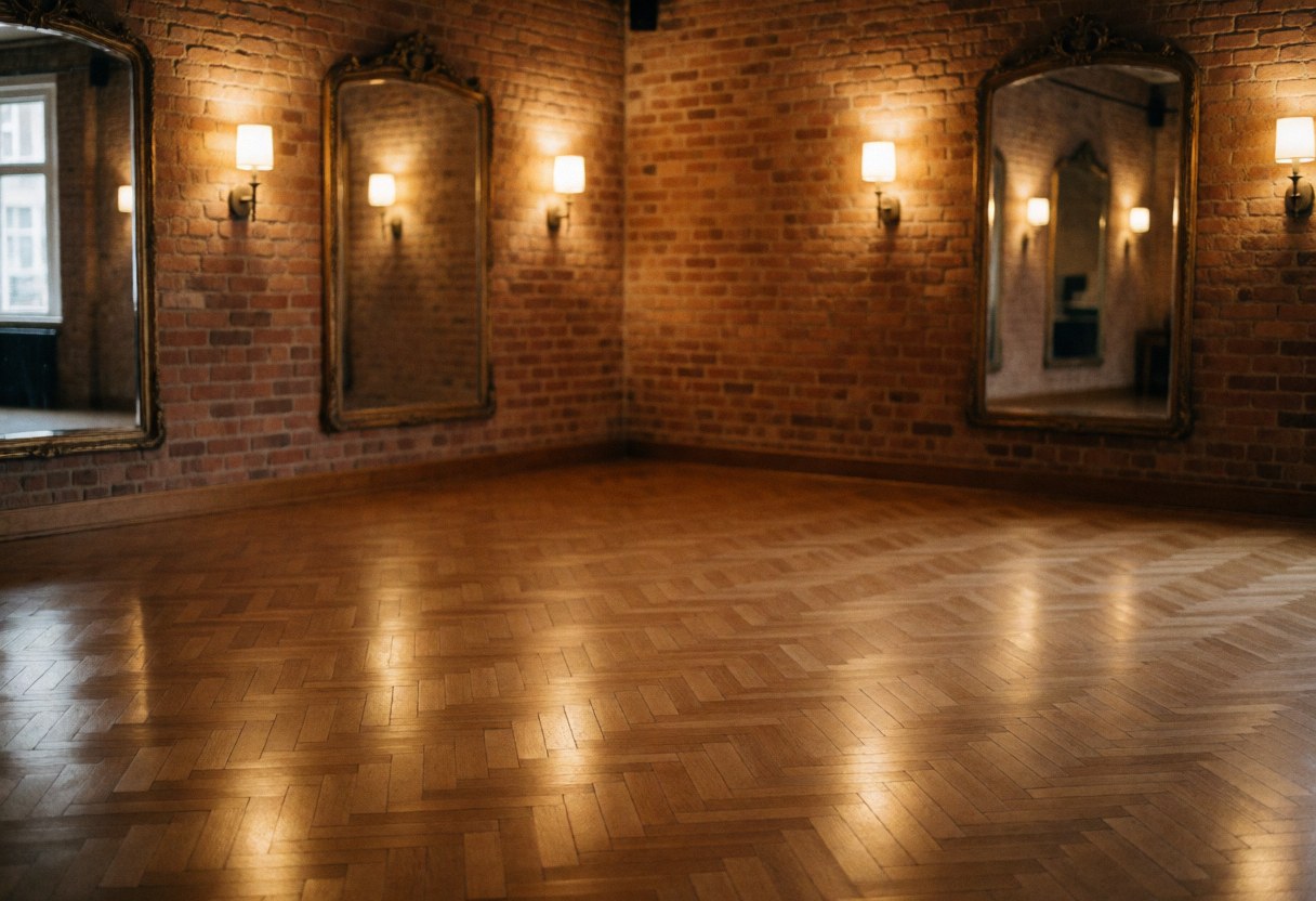 Empty tango studio featuring parquet flooring, brick walls, and vintage mirrors illuminated by warm lighting.