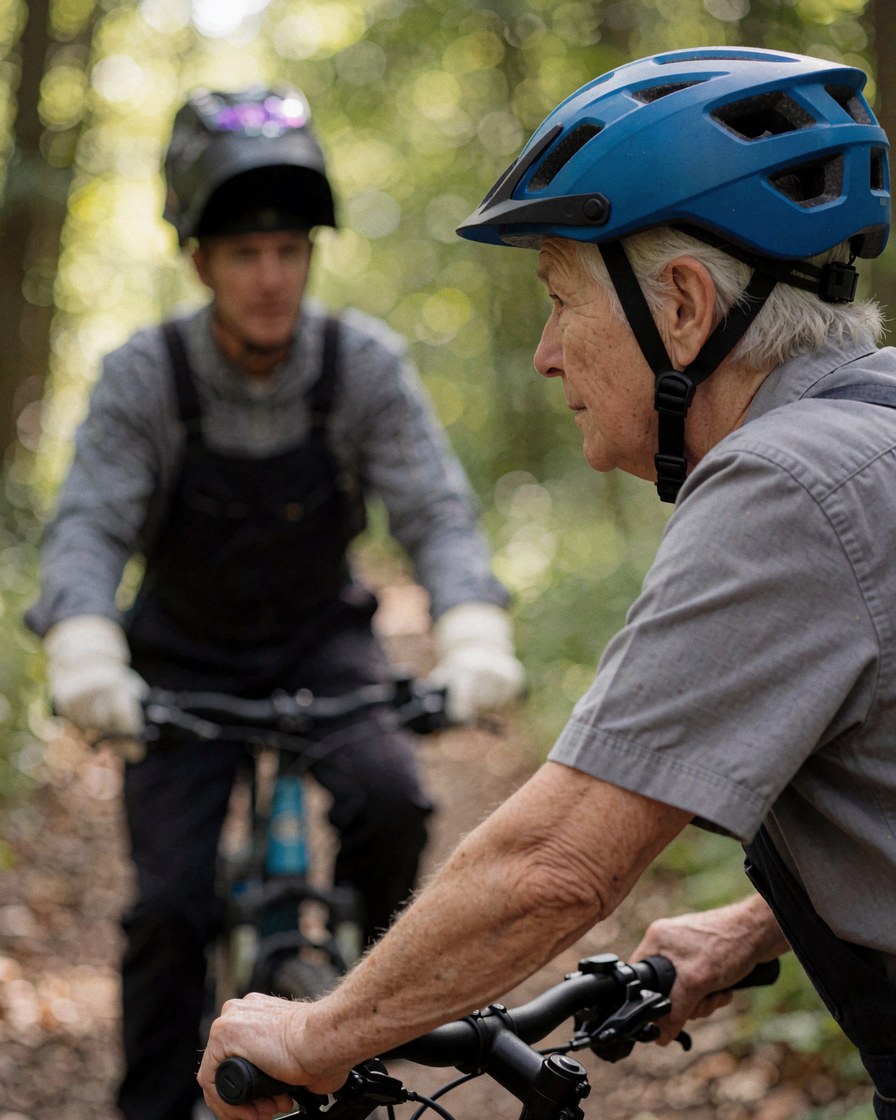 A senior man riding a mountain bike with a blue helmet, followed by his coach on a forest trail.