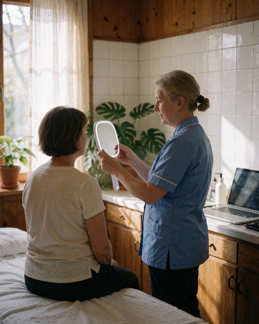 Esthetician in blue uniform holds a facial analysis mirror for a seated client on a treatment table in a bright tiled room.