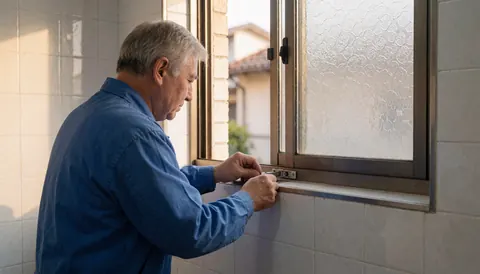A technician installs a lock on a residential window with sunlight and white tile walls visible.