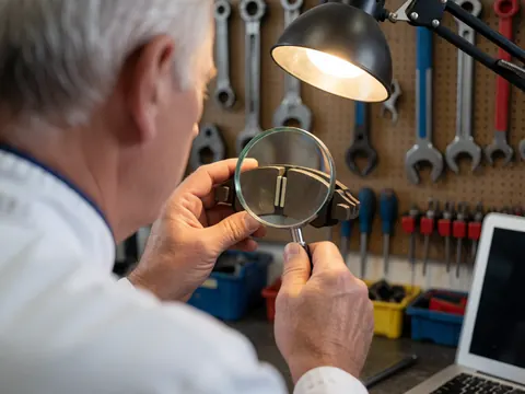 Bike mechanic closely examining brake pads using a magnifying glass in a workshop with tools and work light