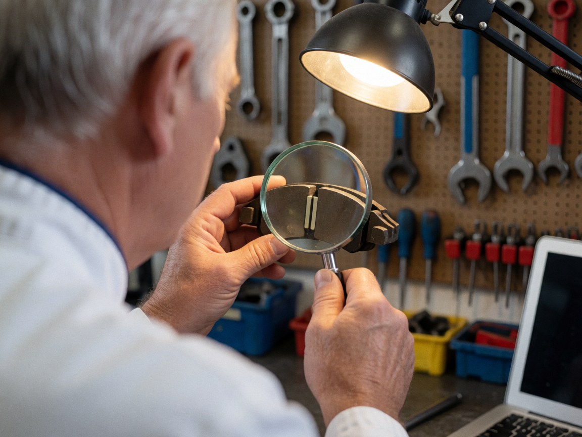 Bike mechanic closely examining brake pads using a magnifying glass in a workshop with tools and work light