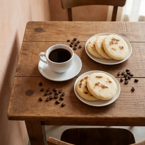 Black coffee in a white cup and arepas on plates atop a rustic wooden table with a terracotta plaster wall, creating a cozy atmosphere.